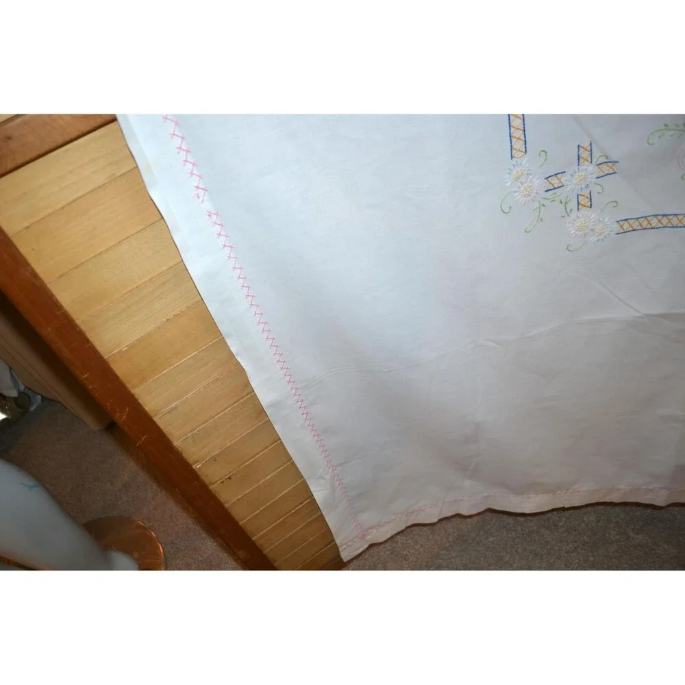 Vintage Tablecloth 1950s Pastels and White on White French Countryside